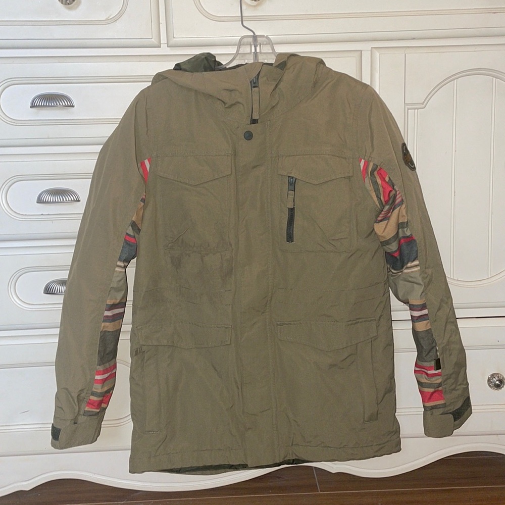 Burton snowboarding jacket; military green with stripe underarm pattern.